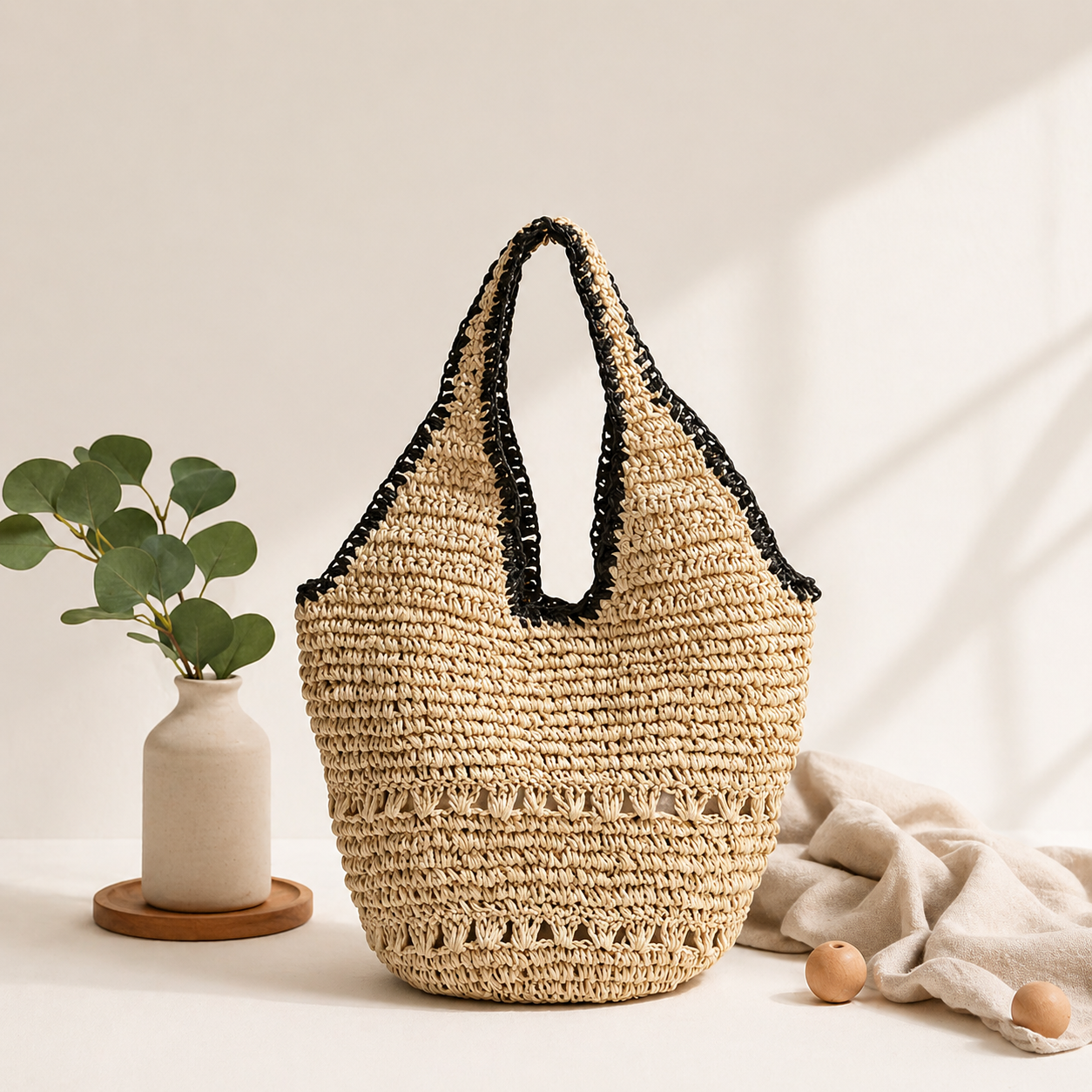 Large Woven Straw Beach Tote Bag