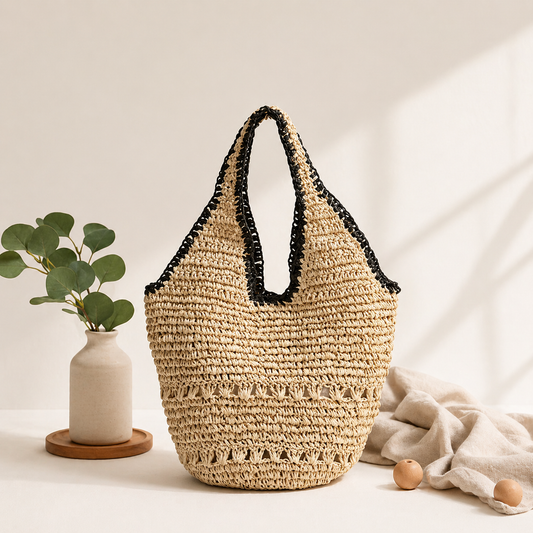 Large Woven Straw Beach Tote Bag