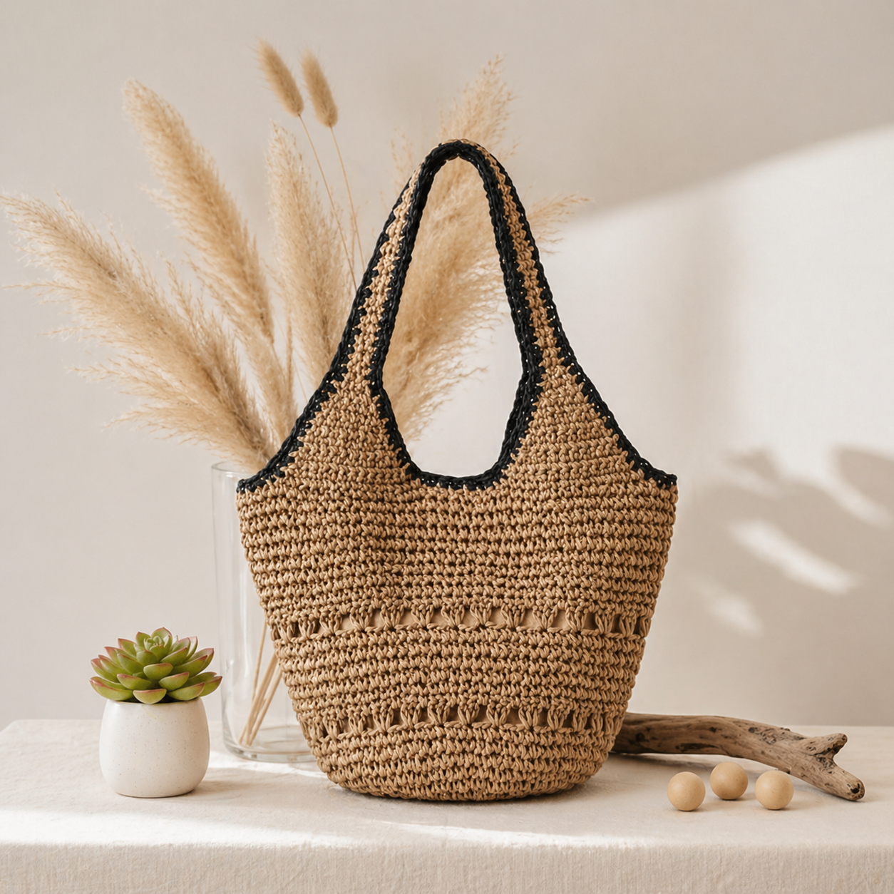 Large Woven Straw Beach Tote Bag