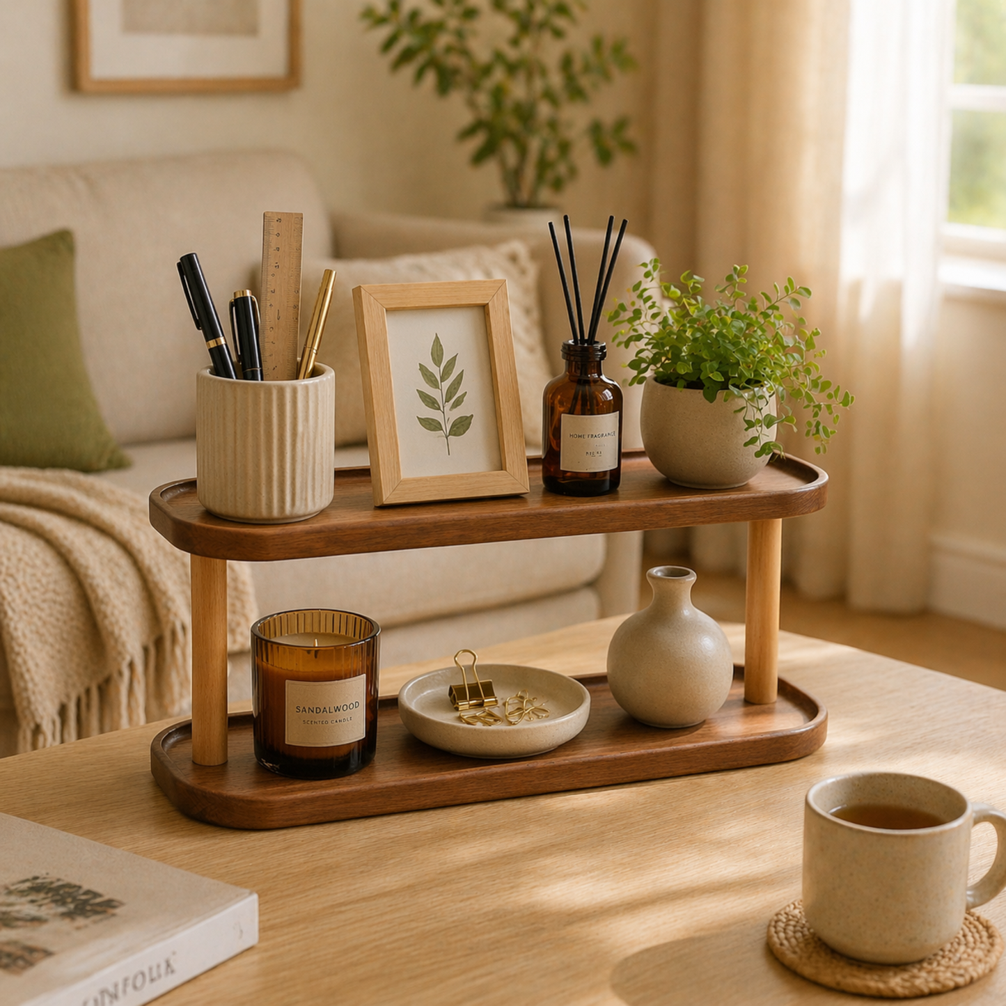 Minimal Wooden Desk Organizer Shelf – 2-Tier Storage Rack