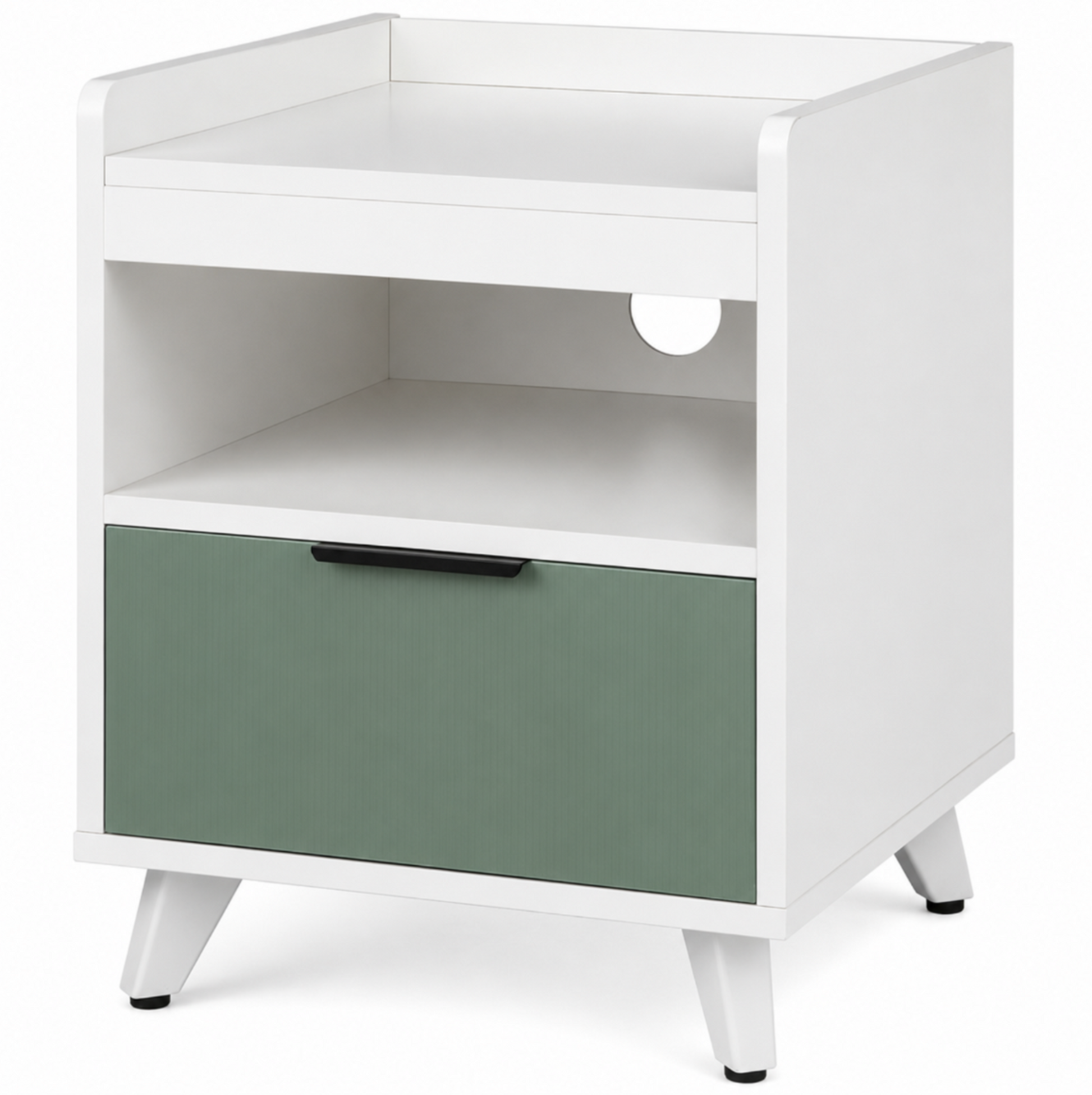 White nightstand with a green drawer on a white background