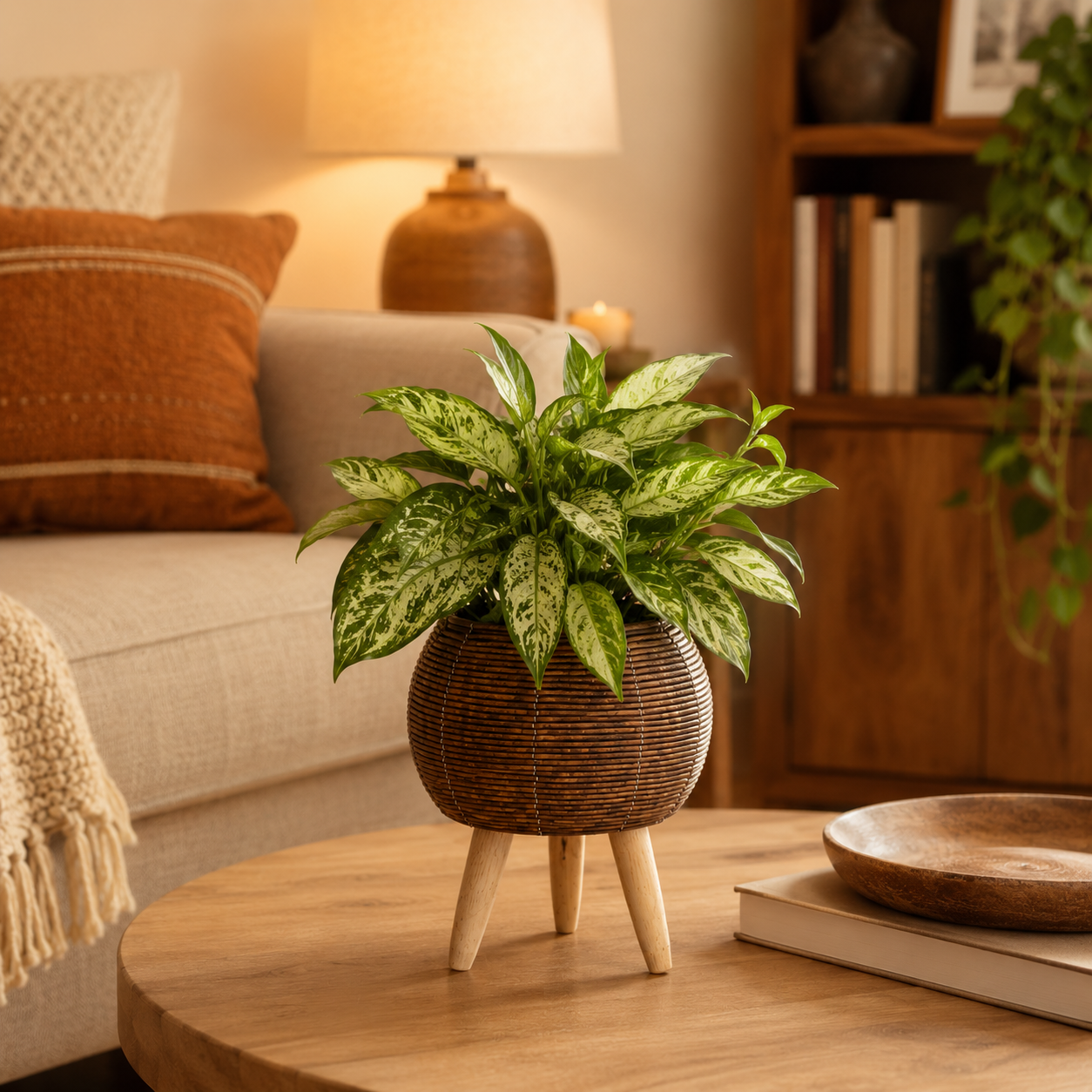 Nordic Rattan Planter with Wooden Legs