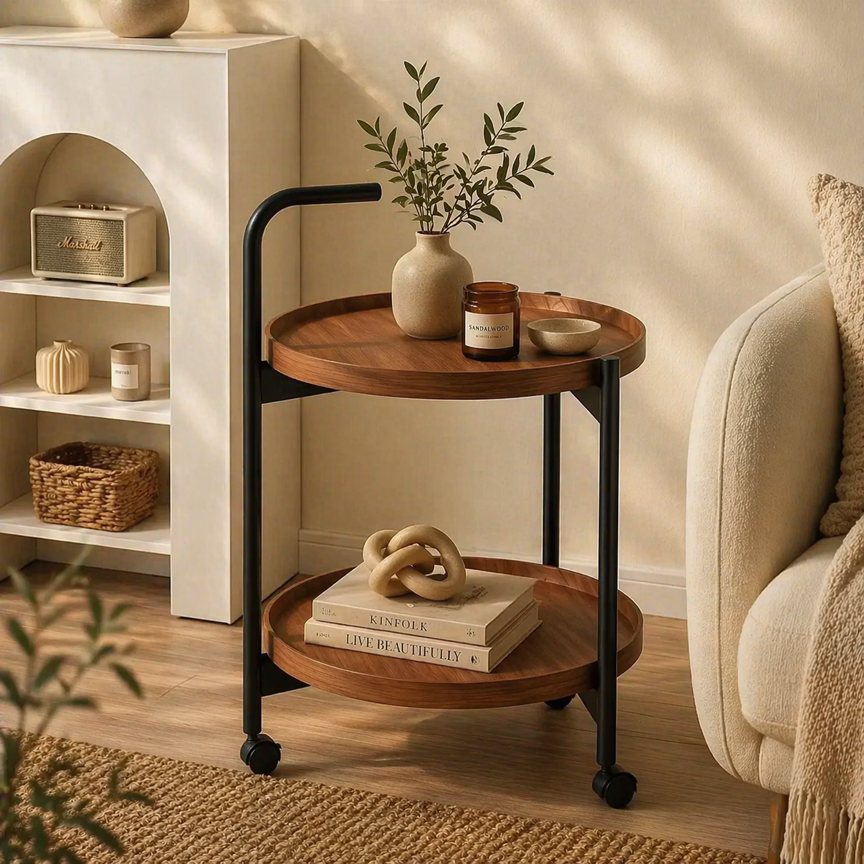 Nordic Rolling Side Table with Storage Shelf