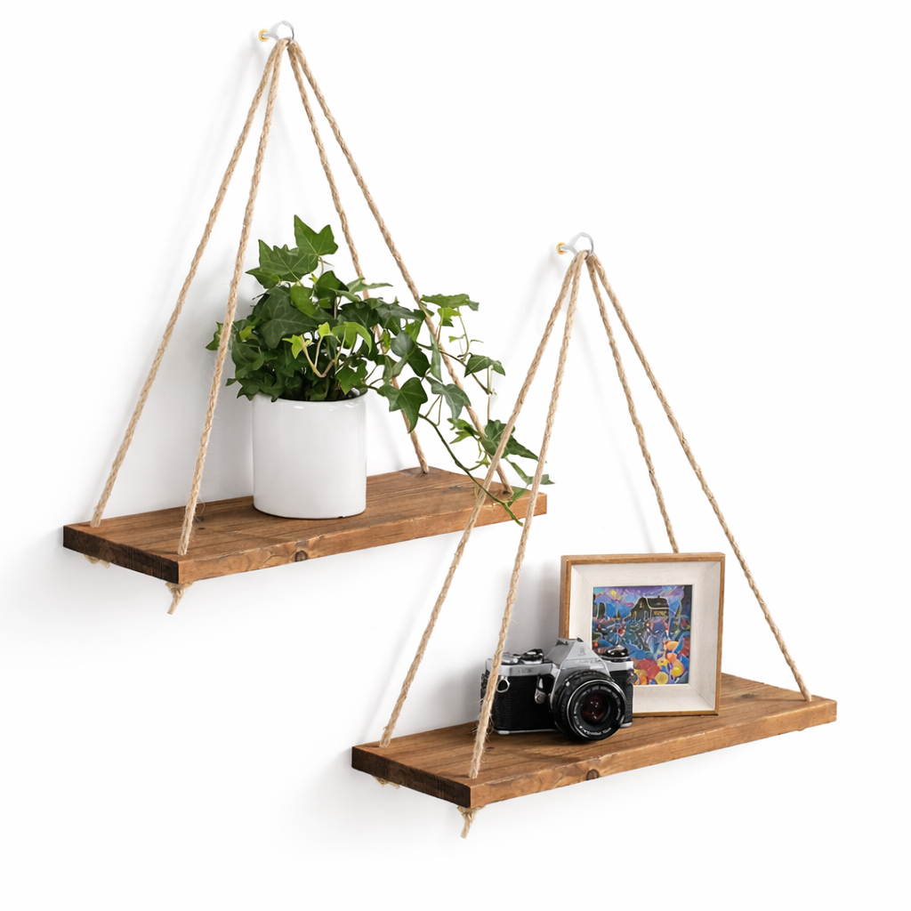 Rustic Hanging Wall Shelf with Rope – Wooden Floating Display