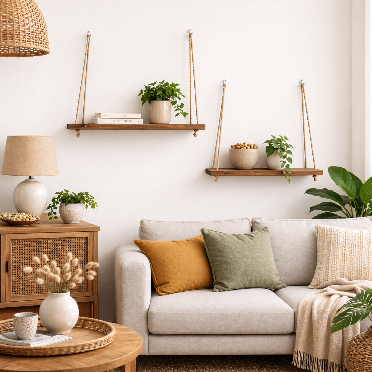 Rustic Hanging Wall Shelf with Rope – Wooden Floating Display
