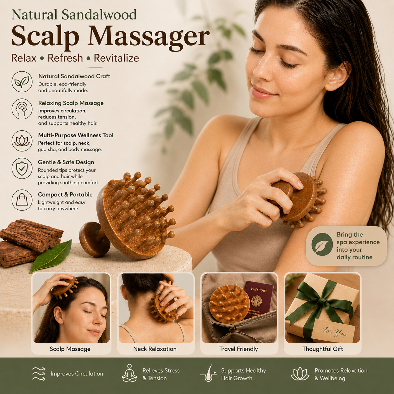 Sandalwood Scalp Massager Comb – Natural Relaxation & Hair Care Tool