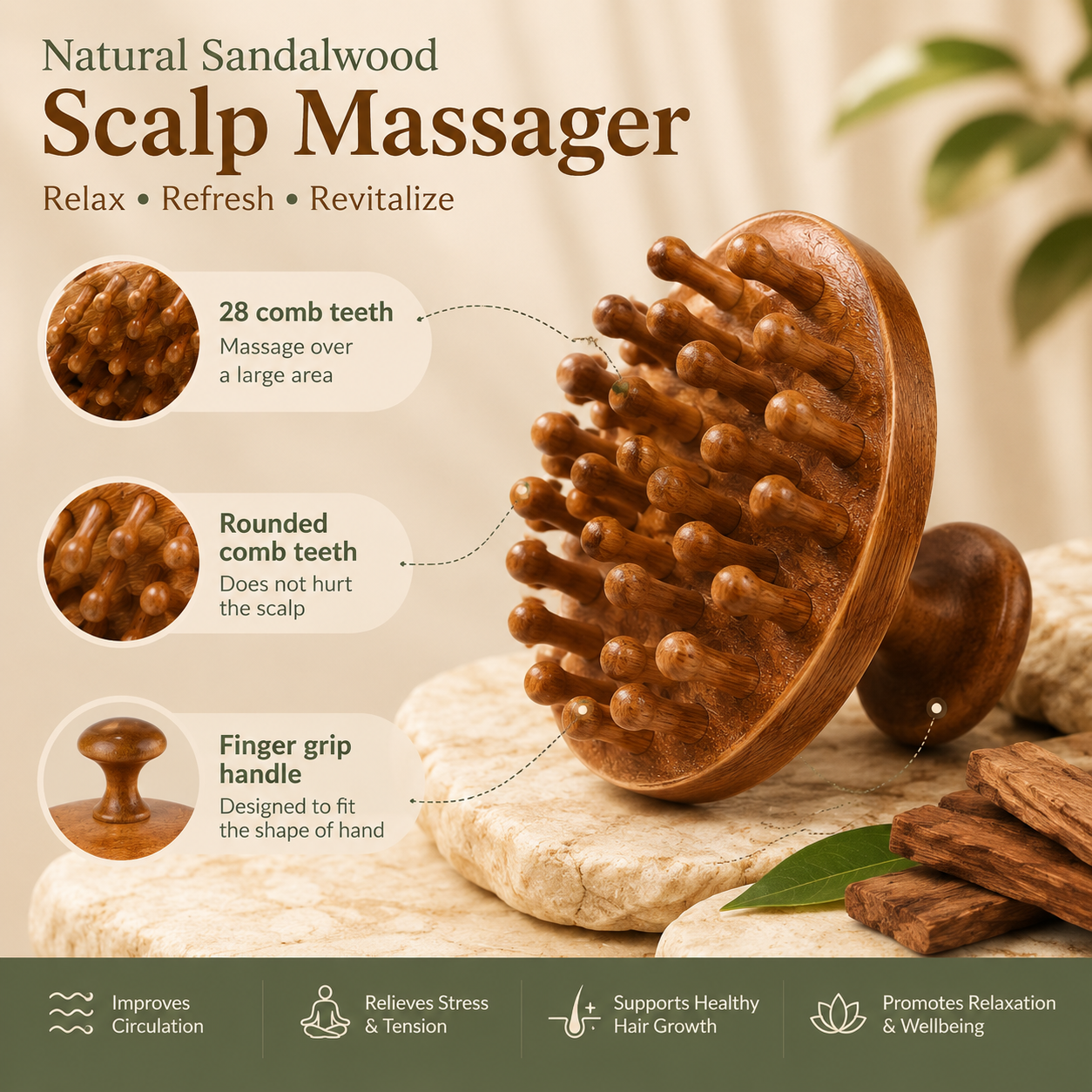 Sandalwood Scalp Massager Comb – Natural Relaxation & Hair Care Tool
