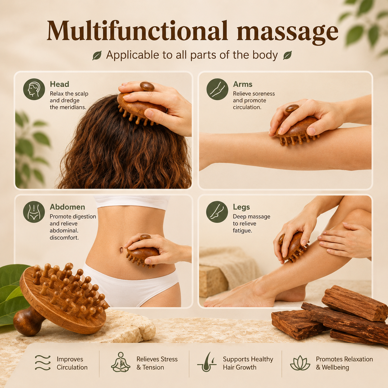 Sandalwood Scalp Massager Comb – Natural Relaxation & Hair Care Tool