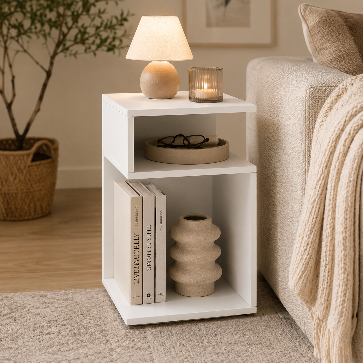 S-Shaped Side Table with Unique S-Shaped Frame and 2 Open Compartments