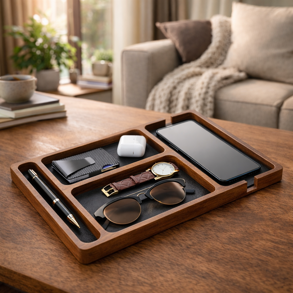 Solid Wood Desk Organizer Tray – Multi-Compartment Storage Box