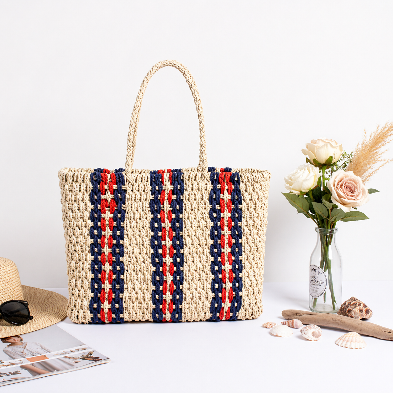 Striped Straw Beach Tote Bag for Women