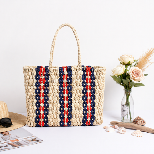 Striped Straw Beach Tote Bag for Women