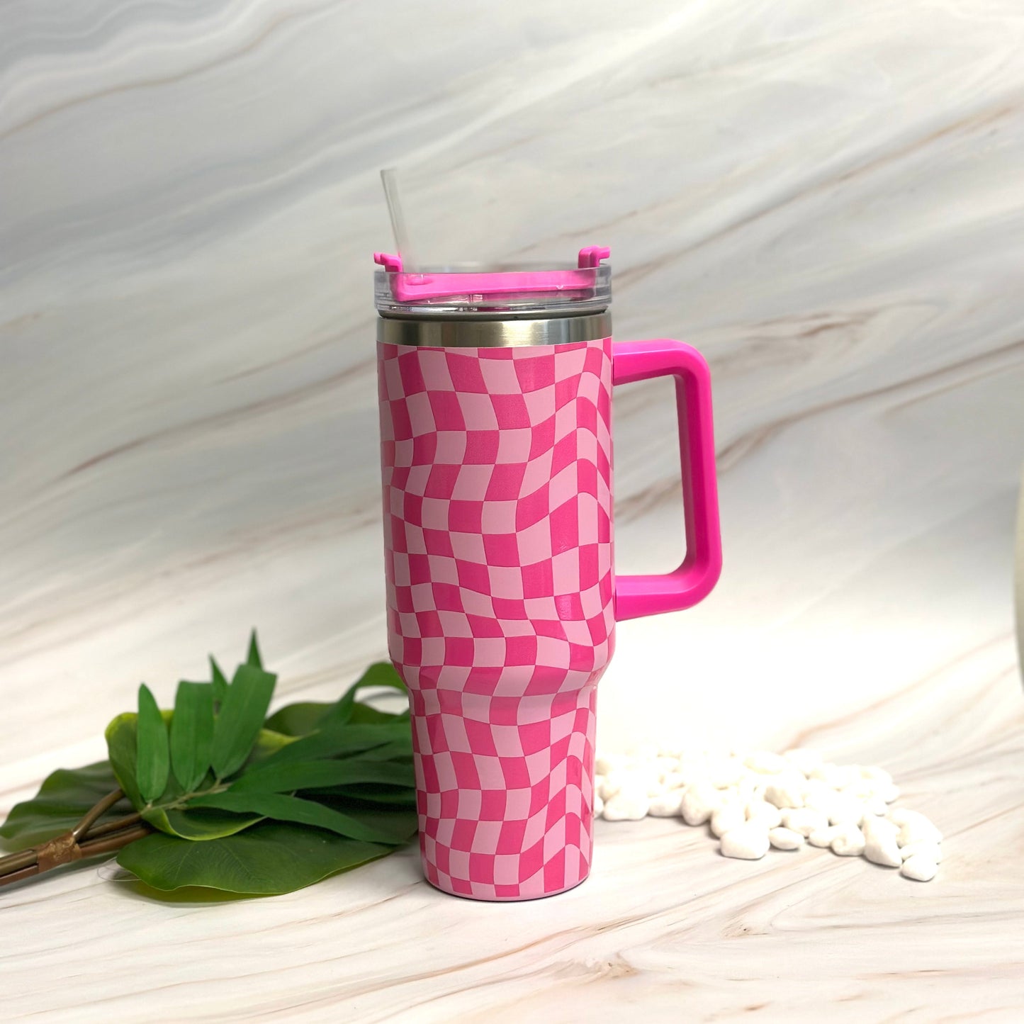 Checker Pattern Tumbler 40oz – Large Handle Travel Cup