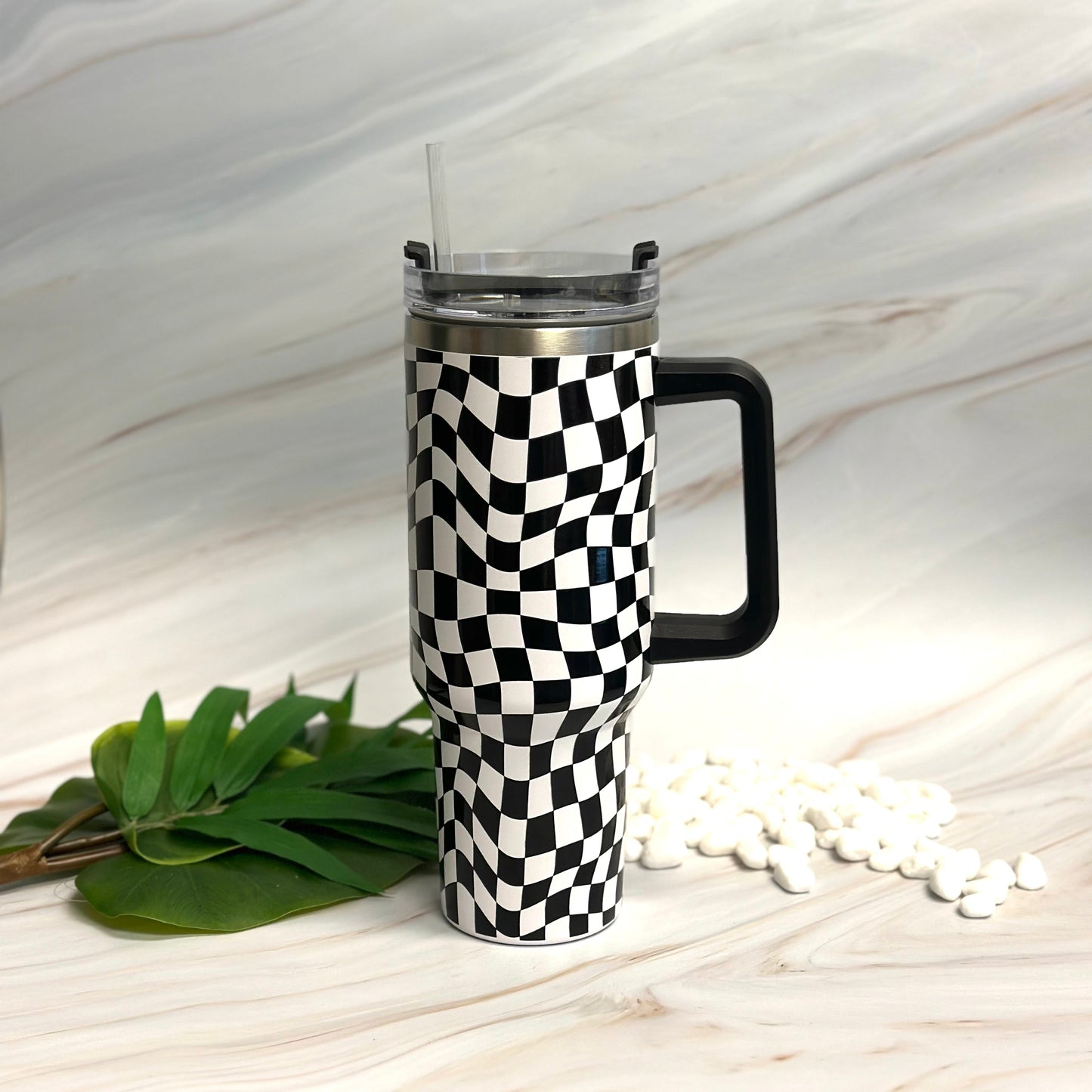 Checker Pattern Tumbler 40oz – Large Handle Travel Cup
