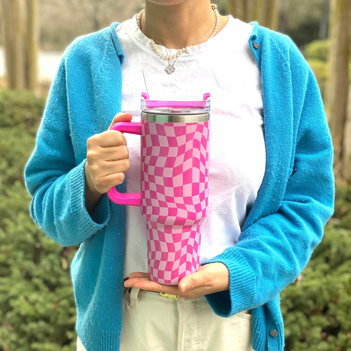 Checker Pattern Tumbler 40oz – Large Handle Travel Cup