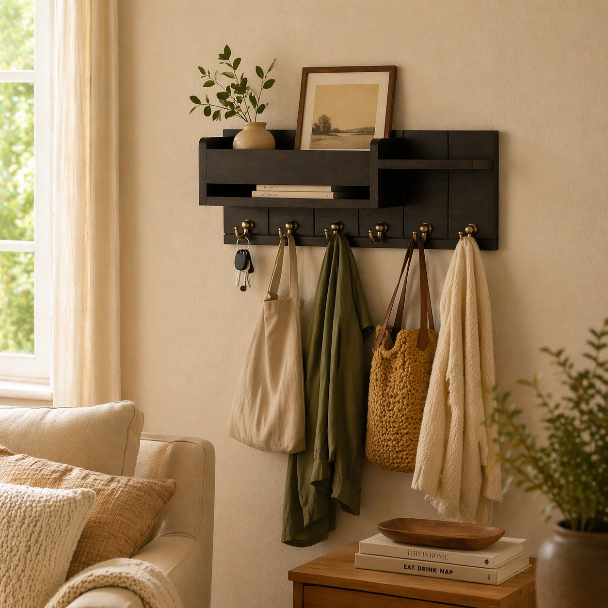 Wall-Mounted Key Holder with Mail Shelf – Wooden Entryway Organizer