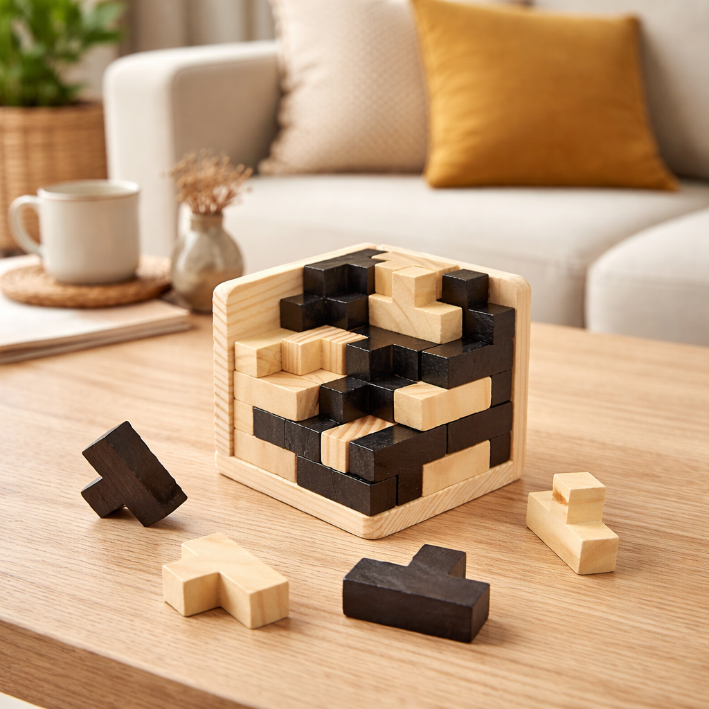 Wooden 3D Brain Puzzle Cube – Logic Challenge Game (54 Pieces)