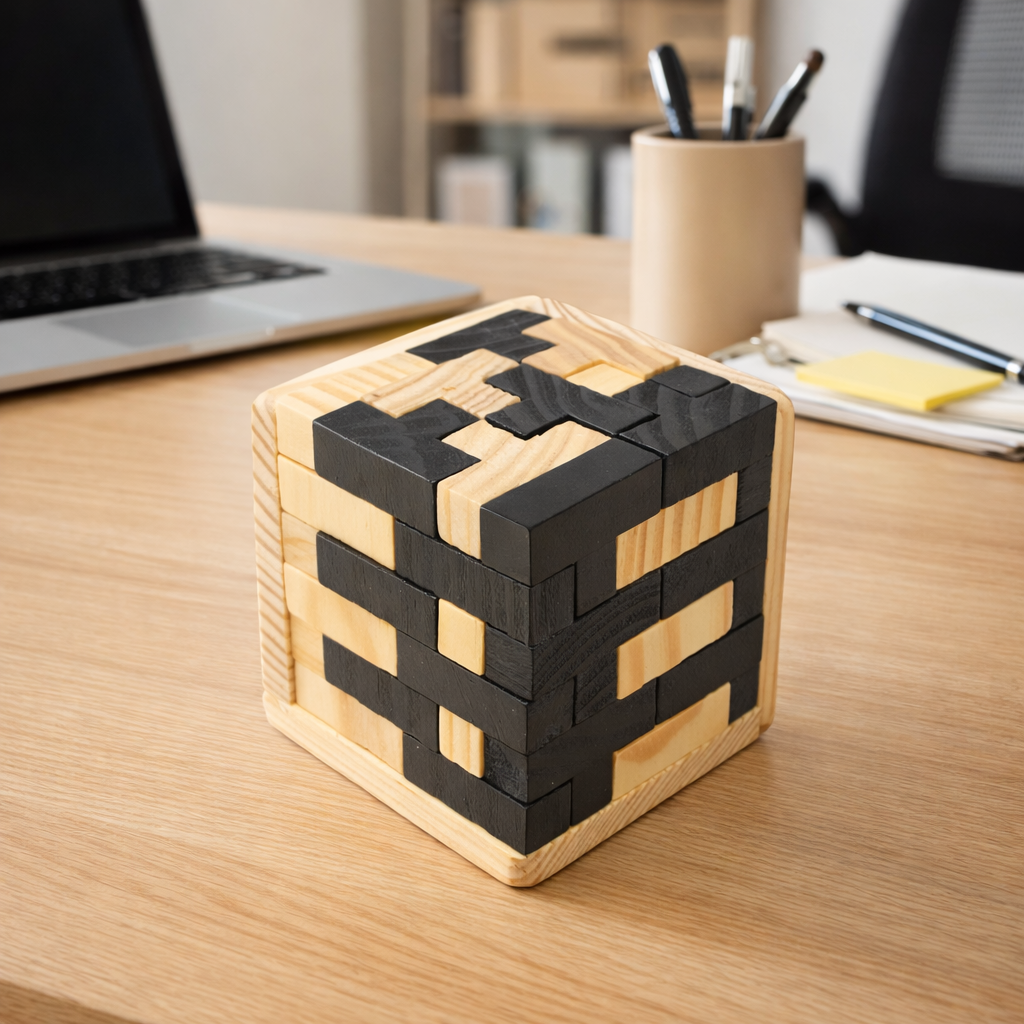 Wooden 3D Brain Puzzle Cube – Logic Challenge Game (54 Pieces)