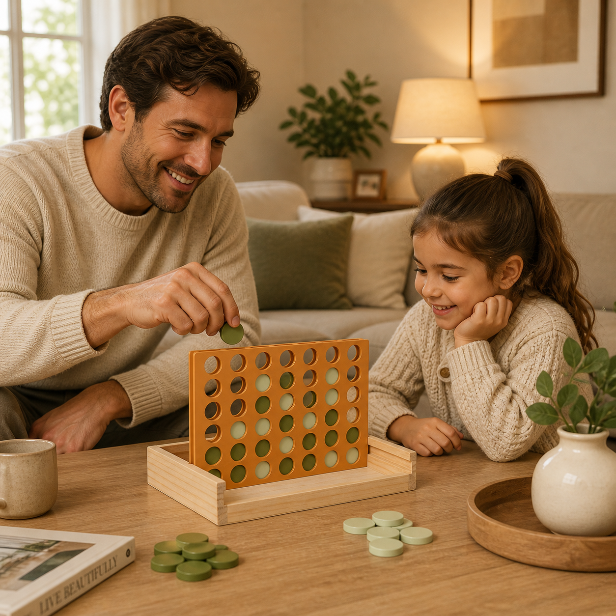 Wooden Four in a Row Strategy Game – Minimalist Family Board Game