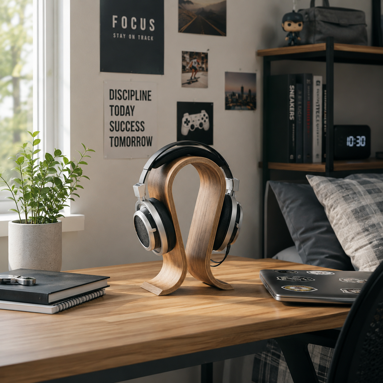 Wooden Headphone Stand – Minimalist U-Shaped Desk Holder