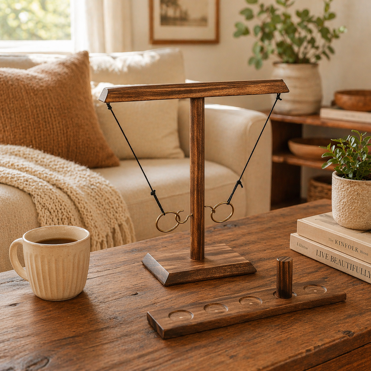 Wooden Hook and Ring Toss Game – Rustic Tabletop Party Game