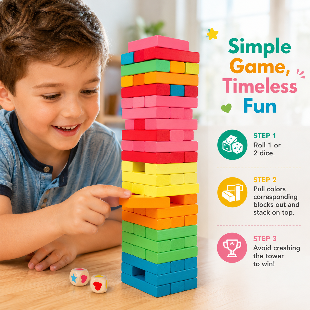 Wooden Stacking Blocks Balance Game with Dice & Storage Bag