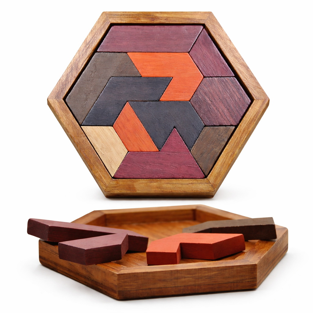 Wooden Hexagon Tangram Puzzle – Brain Teaser Challenge