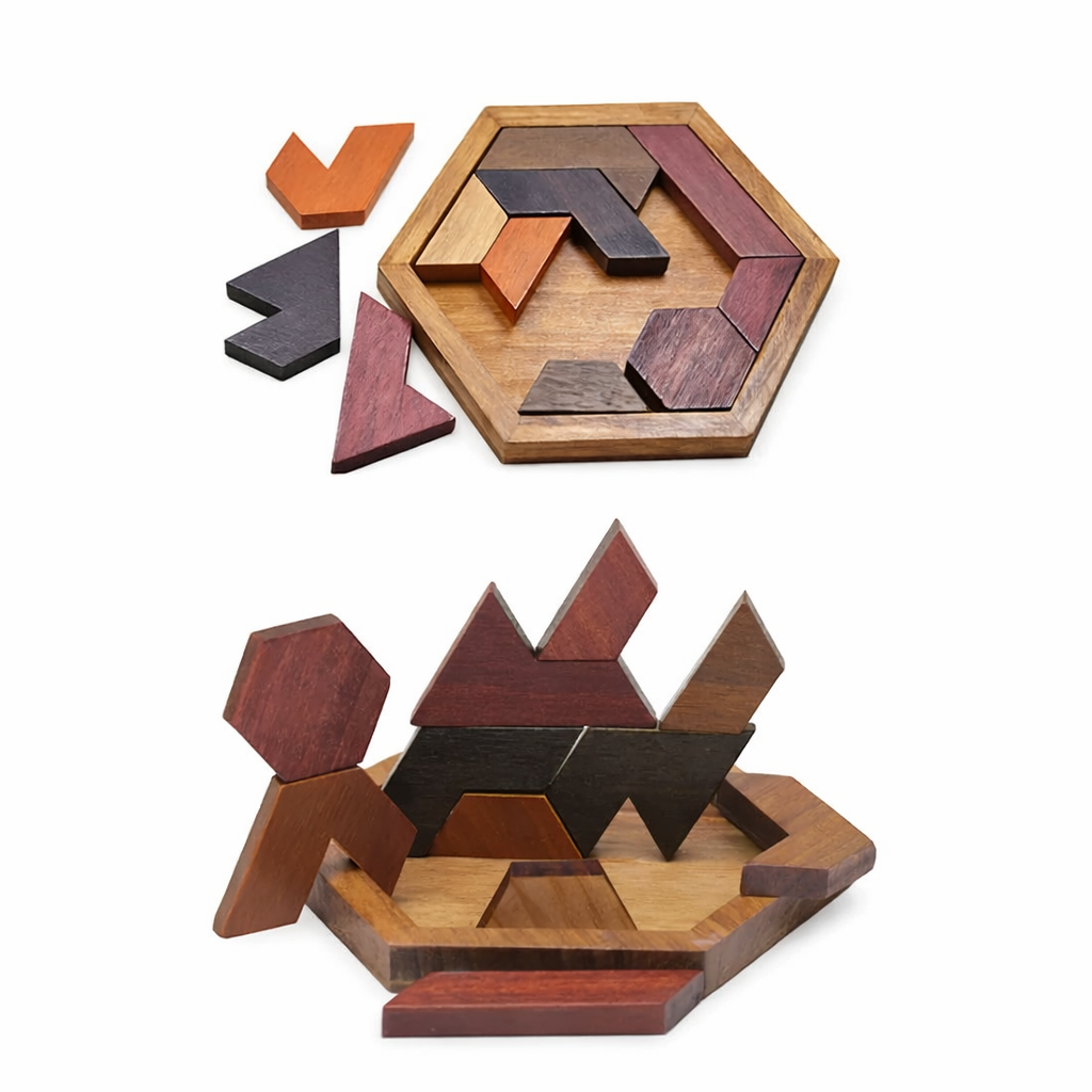 Wooden Hexagon Tangram Puzzle – Brain Teaser Challenge