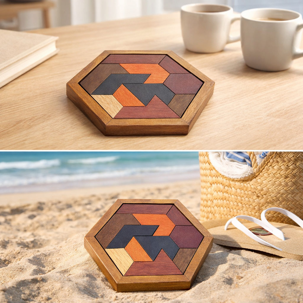Wooden Hexagon Tangram Puzzle – Brain Teaser Challenge
