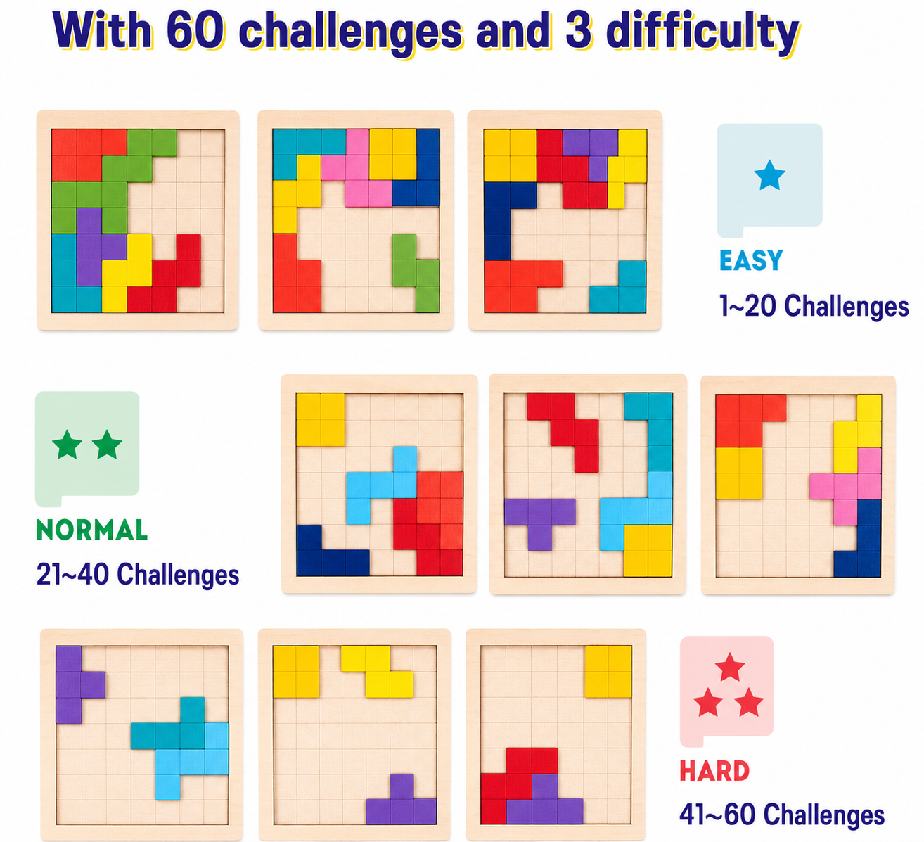 Wooden Tangram Puzzle Brain Teaser – 60 Challenge Game
