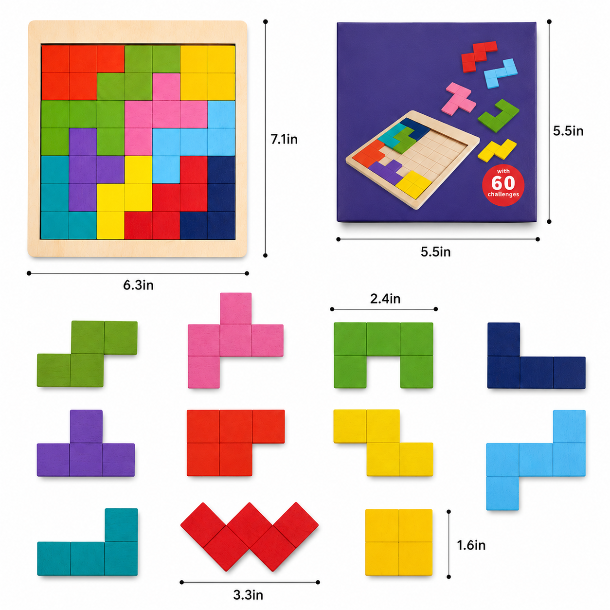 Wooden Tangram Puzzle Brain Teaser – 60 Challenge Game
