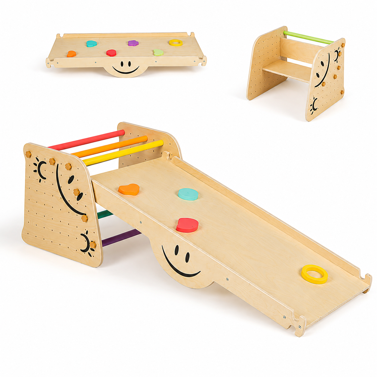 Wooden Triangle Climber Set with Seesaw and Adjustable Ramp
