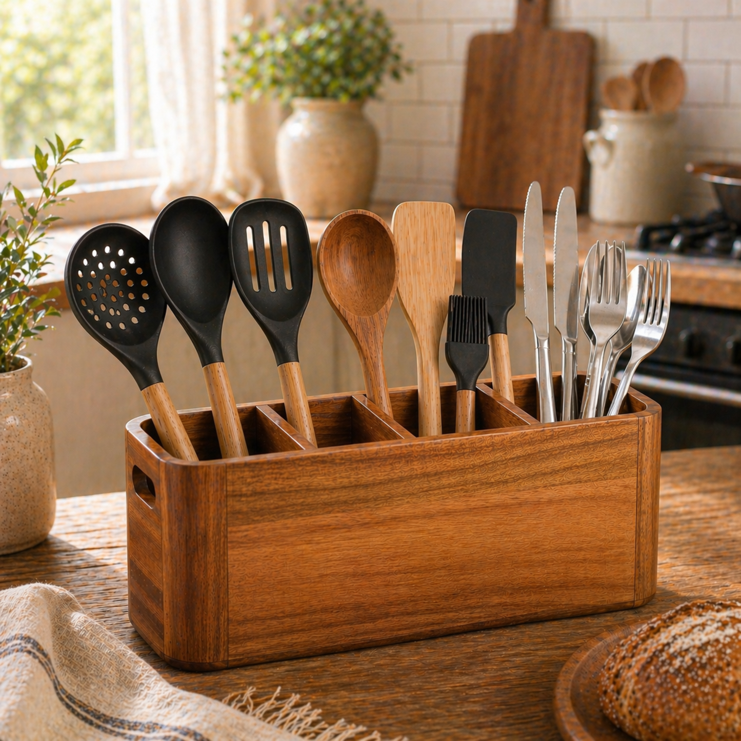 Wooden Utensil Holder – 4-Compartment Kitchen Organizer