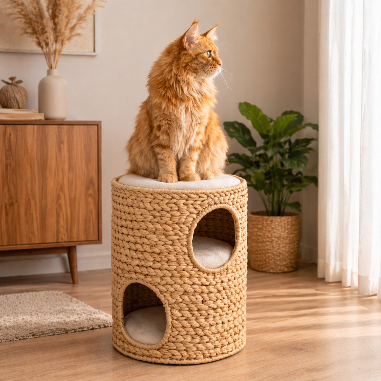 Woven Cat Tower with Cushioned Platforms – 3 Tier Cat Condo