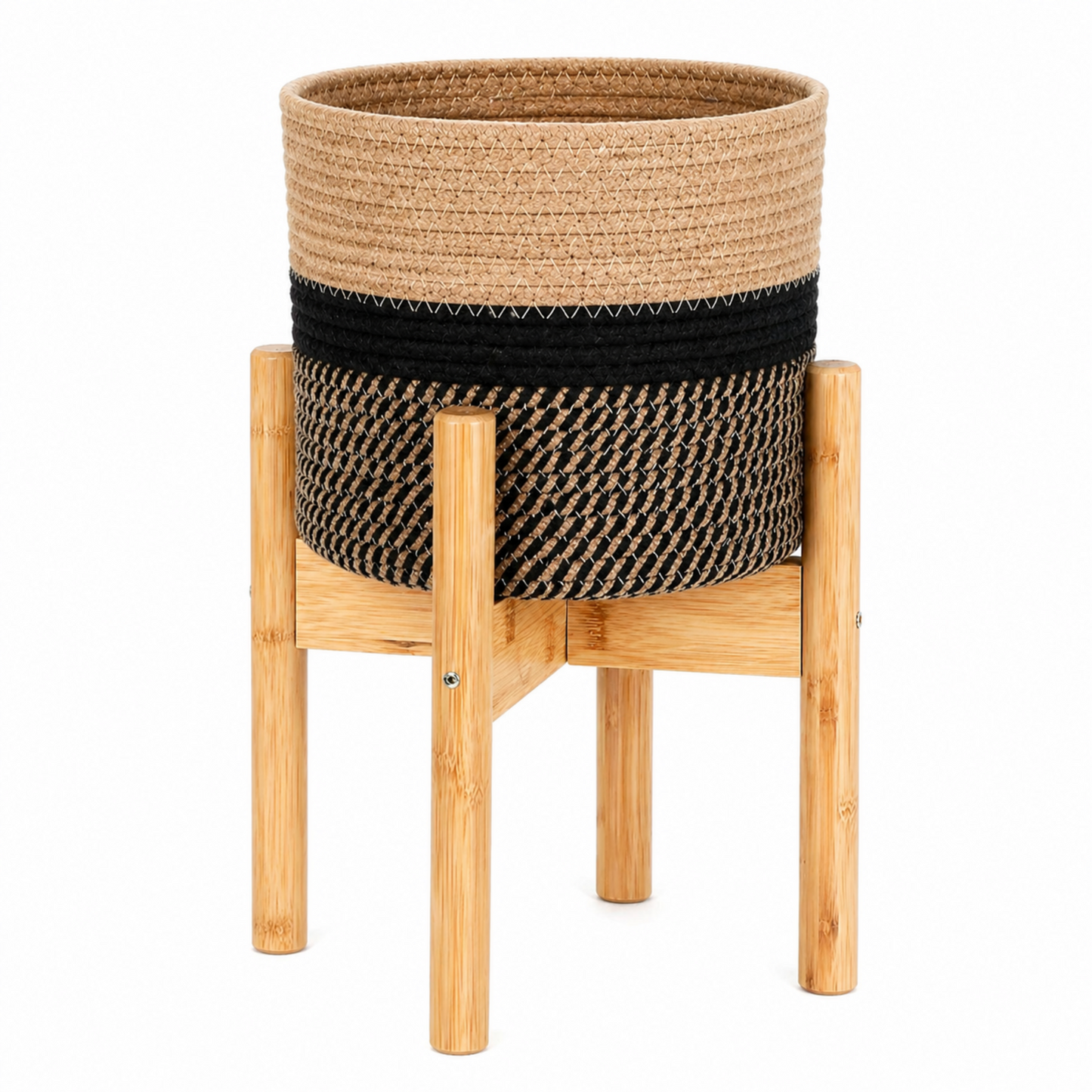 Woven Plant Basket with Bamboo Stand – Indoor Jute Planter Holder