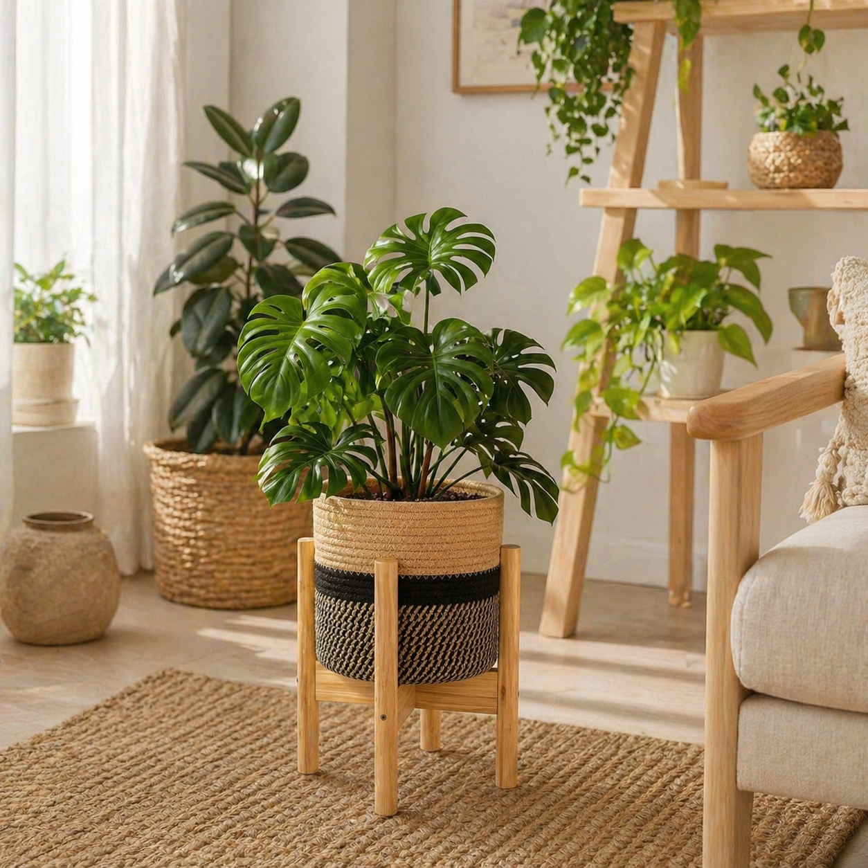 Woven Plant Basket with Bamboo Stand – Indoor Jute Planter Holder