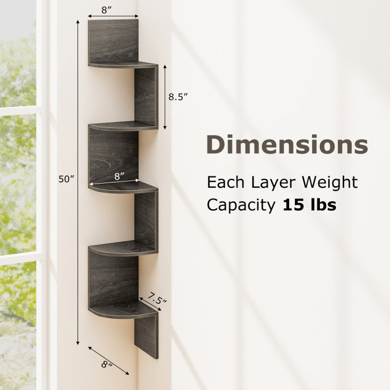 5-Tier Corner Shelf Floating Bookshelf Wall Mounted Storage Organizer