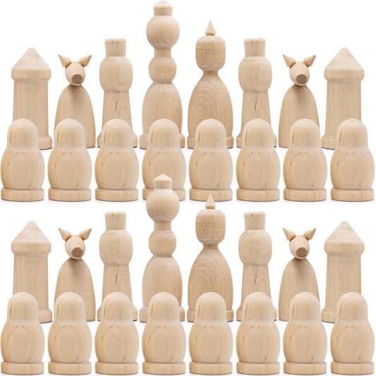 Unfinished Wood Chess Pieces Only Set of 32 Pcs Paint Your Own Chess Set DIY Kit