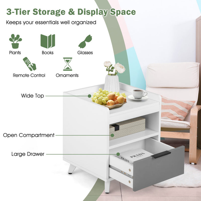 Modern Nightstand with LED Lights Sliding Drawer and Open Compartment