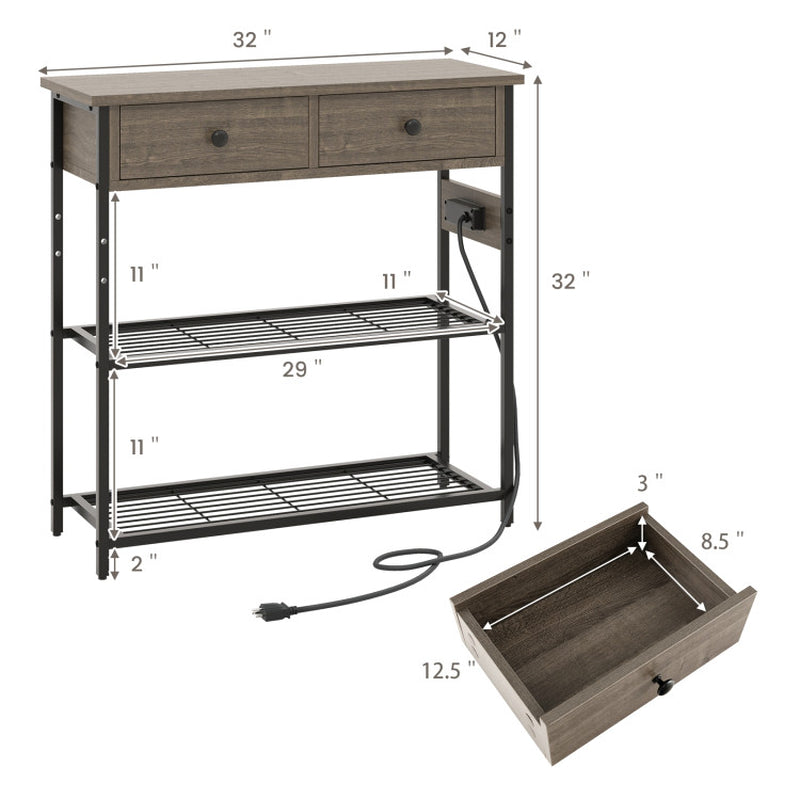 Narrow Console Table with 2 Drawers and 2 Metal Mesh Shelves
