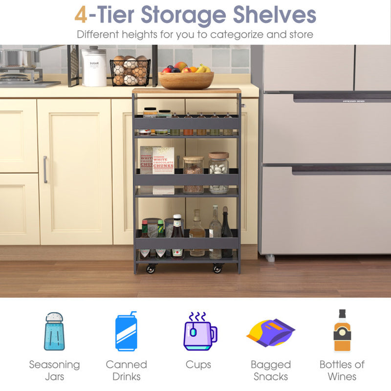 4-Tier Rolling Storage Cart Slim Kitchen Cart on Wheels with Open Shelves and Handle