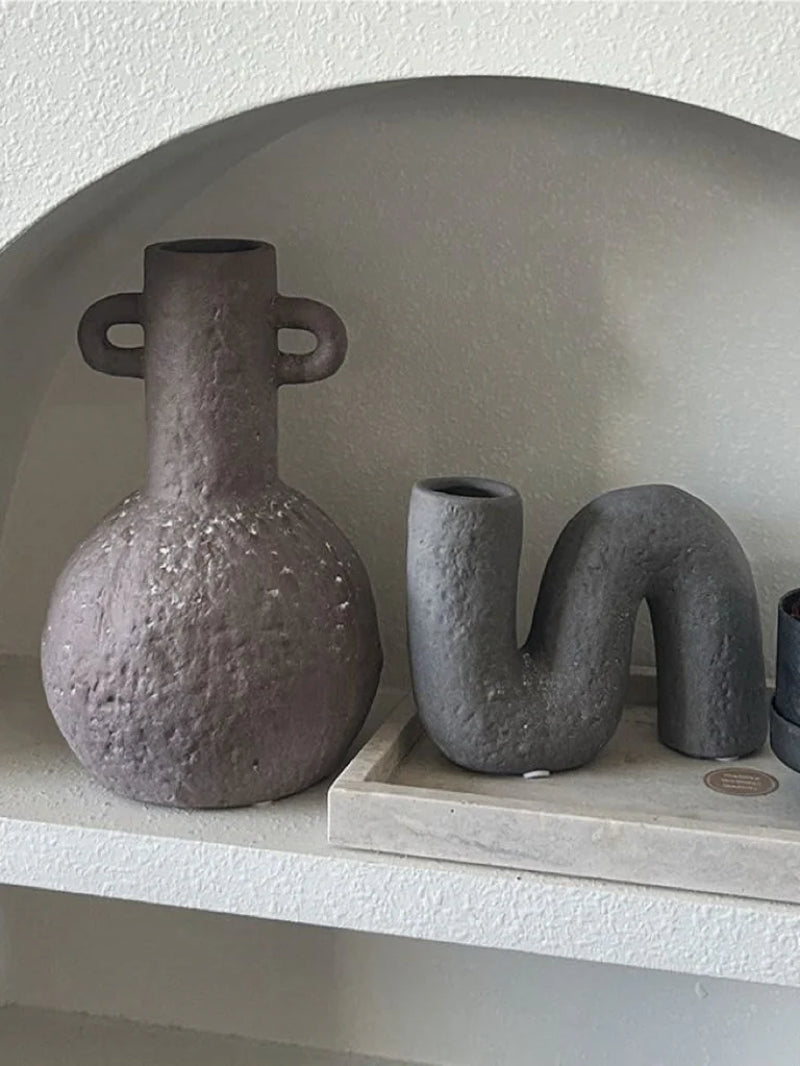 Handmade Wabi Sabi Abstract Pottery Vase, Crude Rustic Decorative Flower Vessel