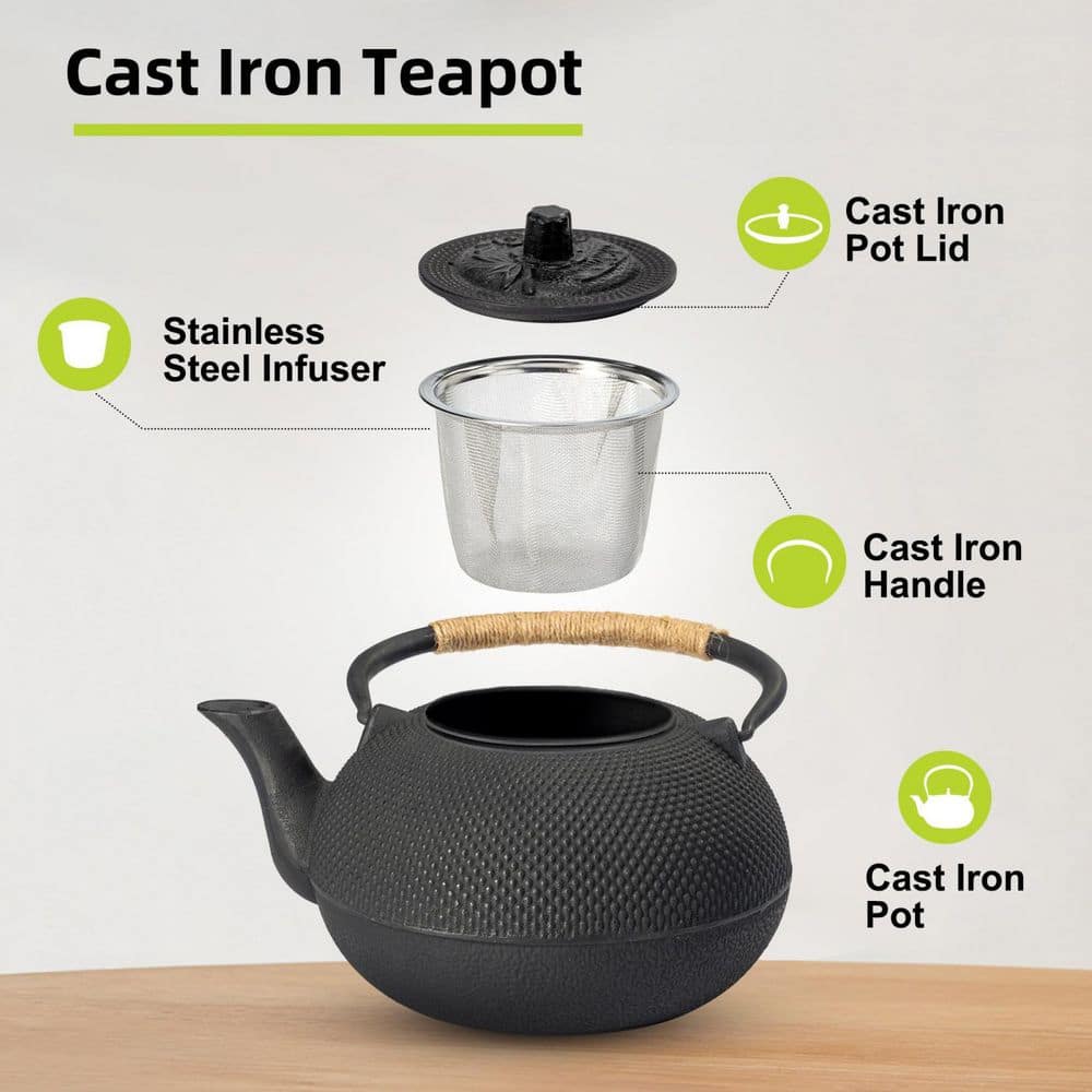 2-Cup 22 Oz. Cast Iron Tea Pot with Stainless Steel Infuser, Tea Kettle with Enameled Interior for Stovetop