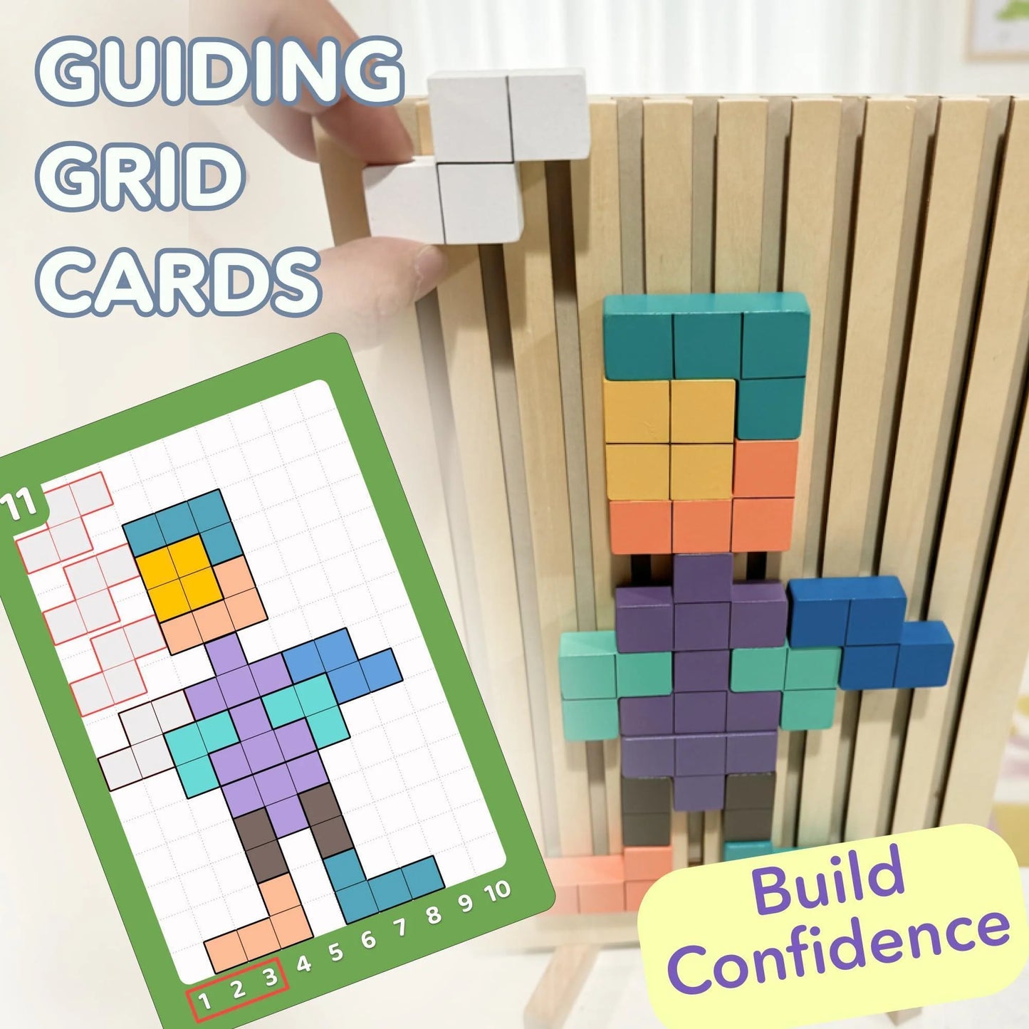 Wooden Puzzle Blocks Montessori Brain Blocks & Stacki Style 10 Challenge Cards Numbered Tray & Grid Guide Educational Game for Kids Ages 3 to 5 Russian Blocks Style Learning Game