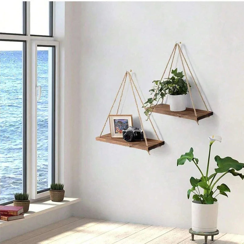 Wooden Swing Hanging Hemp Rope Wall Shelve Mounted Floating Home Living Room Plant Flower Pot Tray Storage Garden Decoration (Copy)