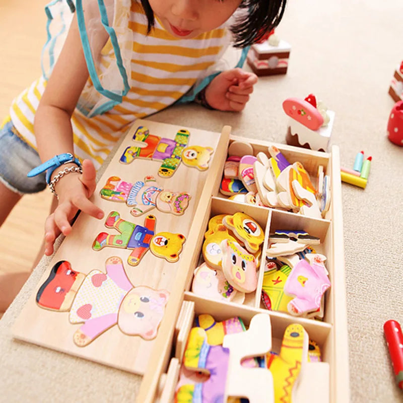Melissa & Doug Mix 'N Match Wooden Bear Family Dress-Up Puzzle with Storage Case (45 Pcs) - Wooden Teddy Bear Puzzle, Sorting and Matching Puzzles for Toddlers