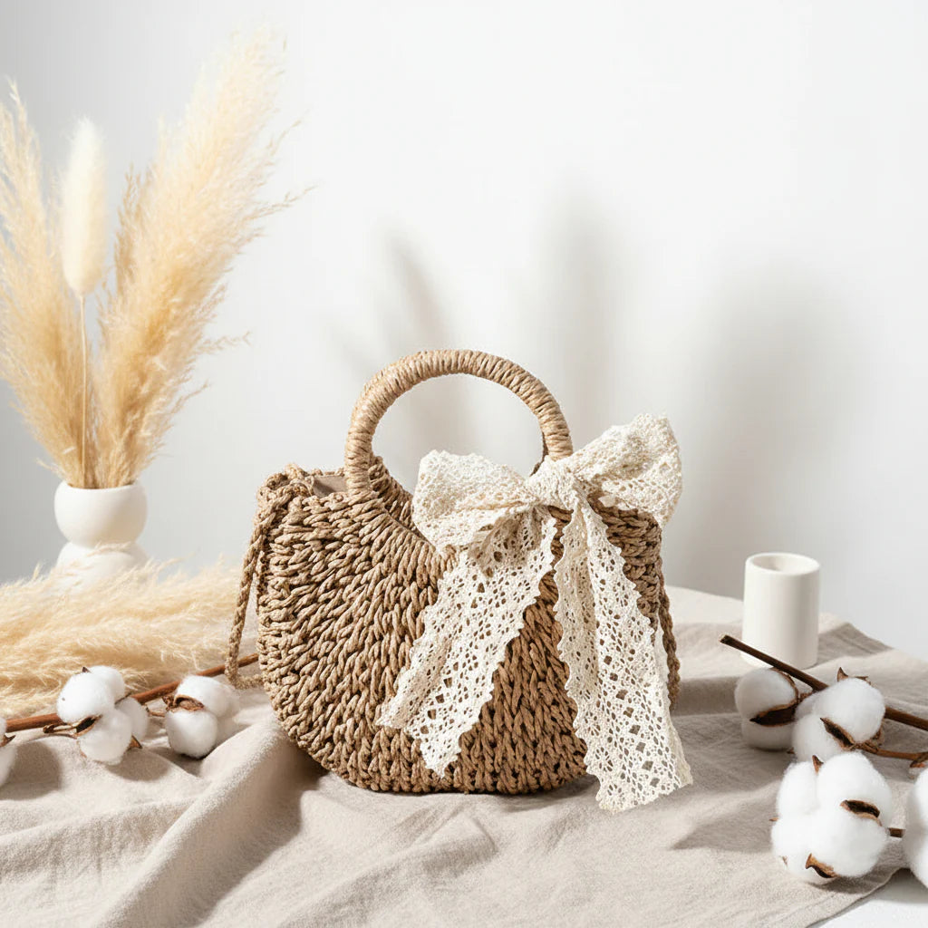 Crossbody Small Bag for Women Lace Bow Hand Woven Bag