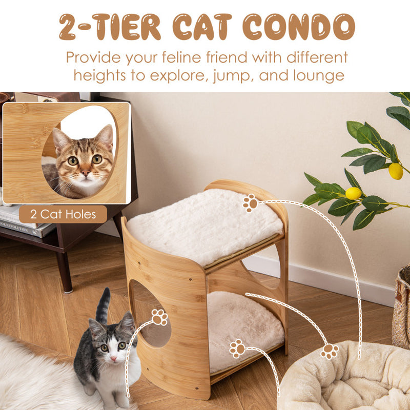 2-Tier Cute Small Cat Tree for Indoor Cats with Natural Bamboo Frame