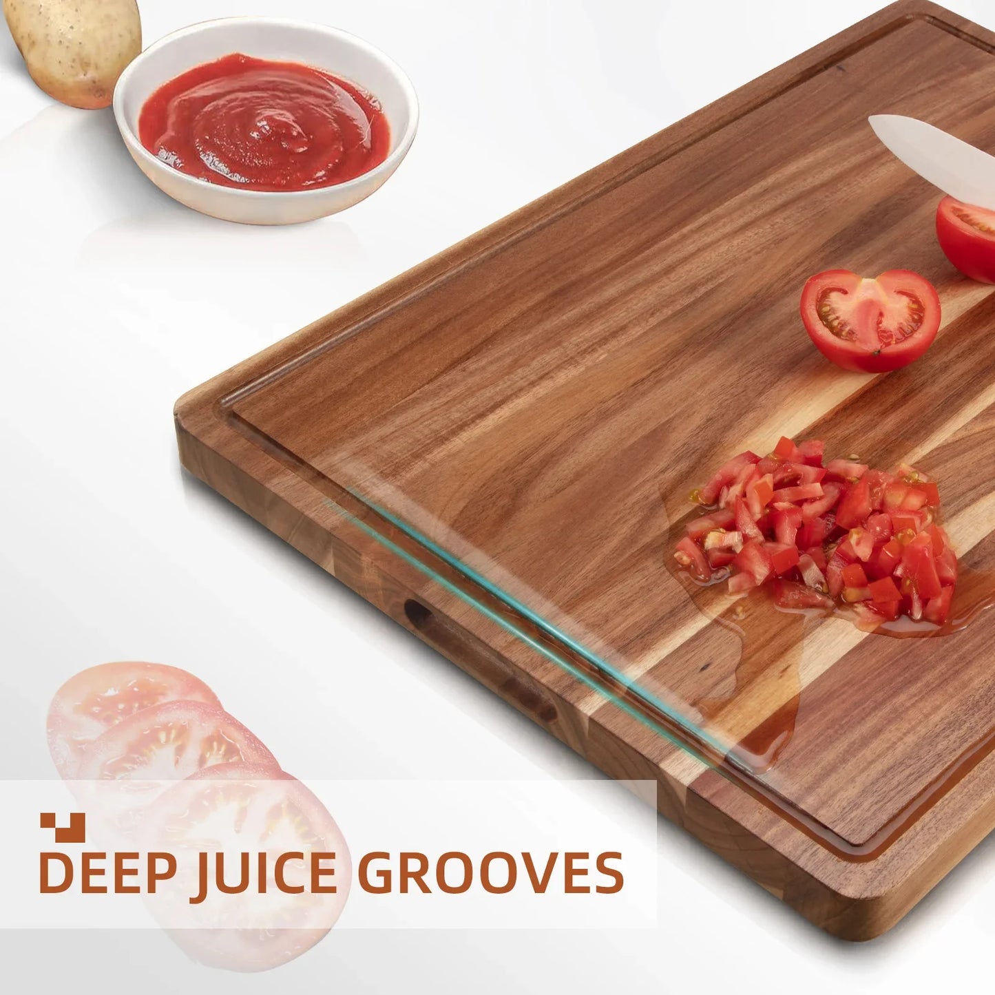 Large Acacia Wood Cutting Board for Kitchen, 17X12 Inch Reversible Wooden Chopping Board Charcuterie Board with Juice Grooves and Handle for Meat, Cheese, Vegetables, Fruits, Bread