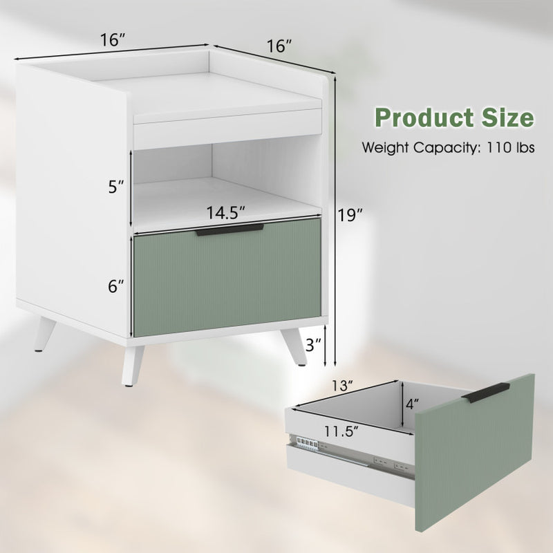 Modern Nightstand with LED Lights Sliding Drawer and Open Compartment